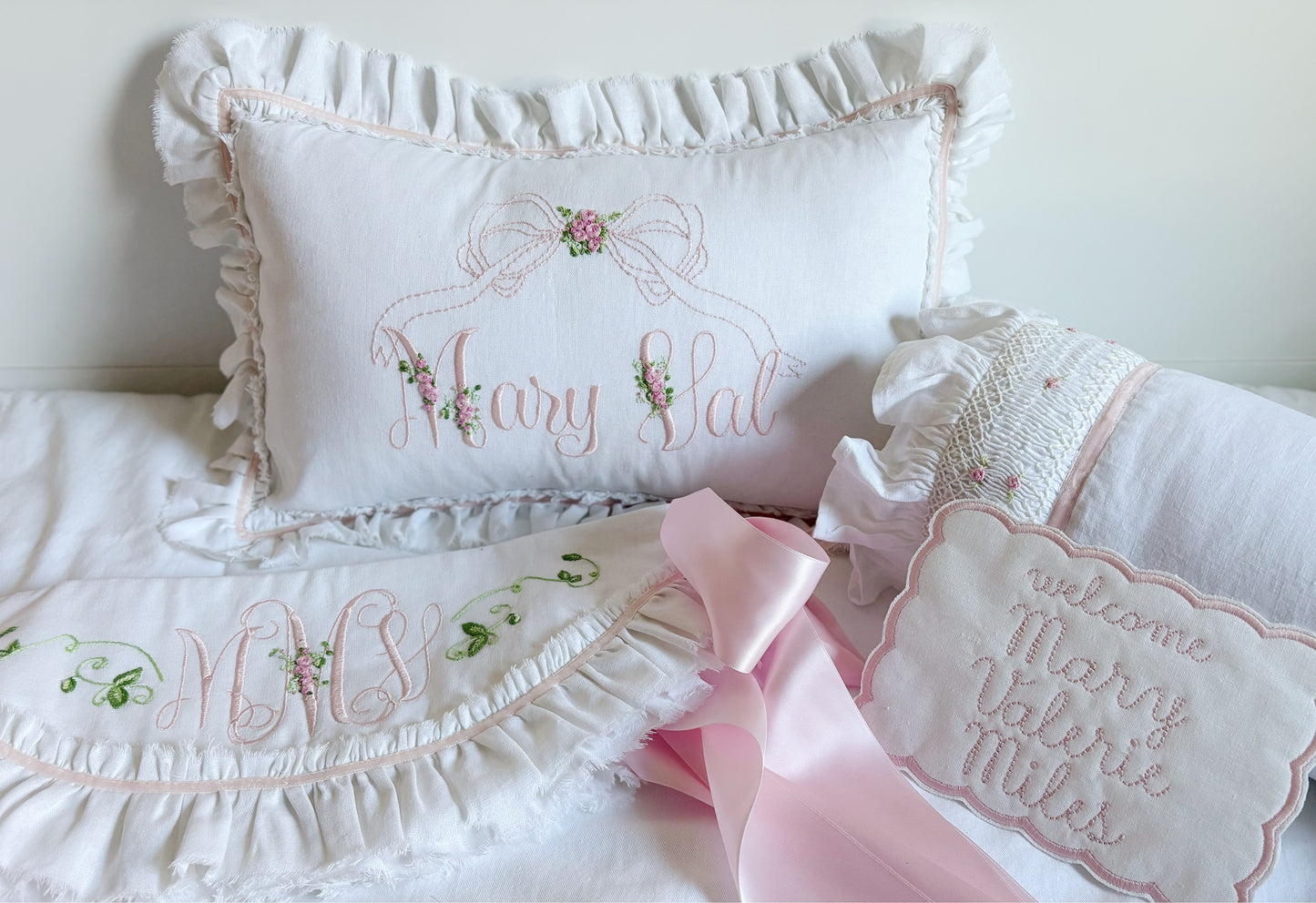 Heirloom Bows & Buds Name Pillow