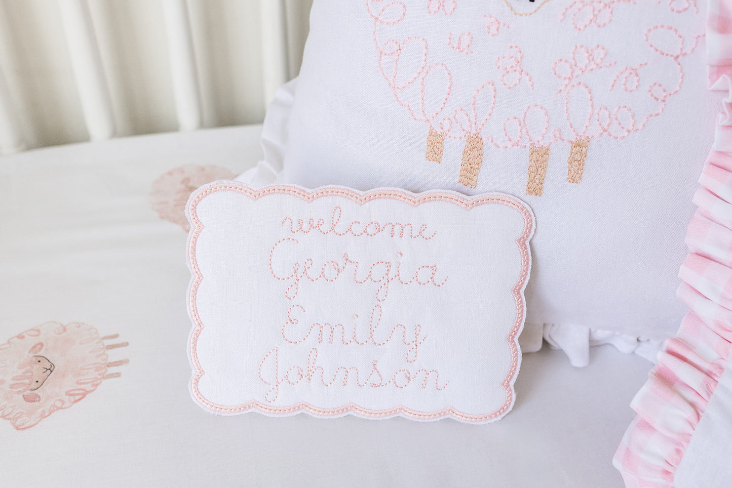 Hand Embroidered Pink Lamb Pillow