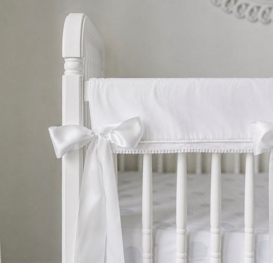 White Pique Crib Rail Topper with White Ribbon