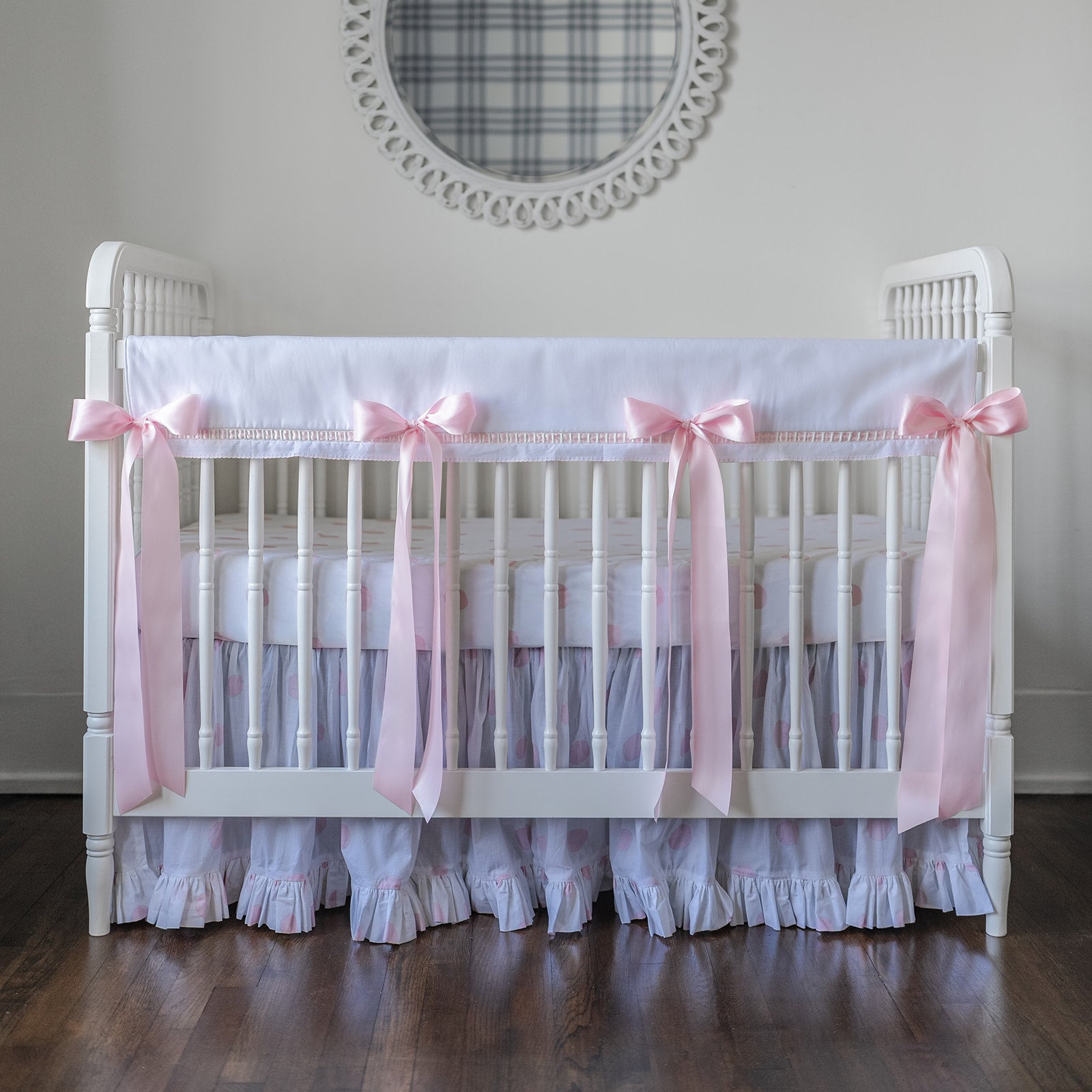 White Pique Crib Rail Topper with Pink Ribbon – Fireflies Nursery Linens