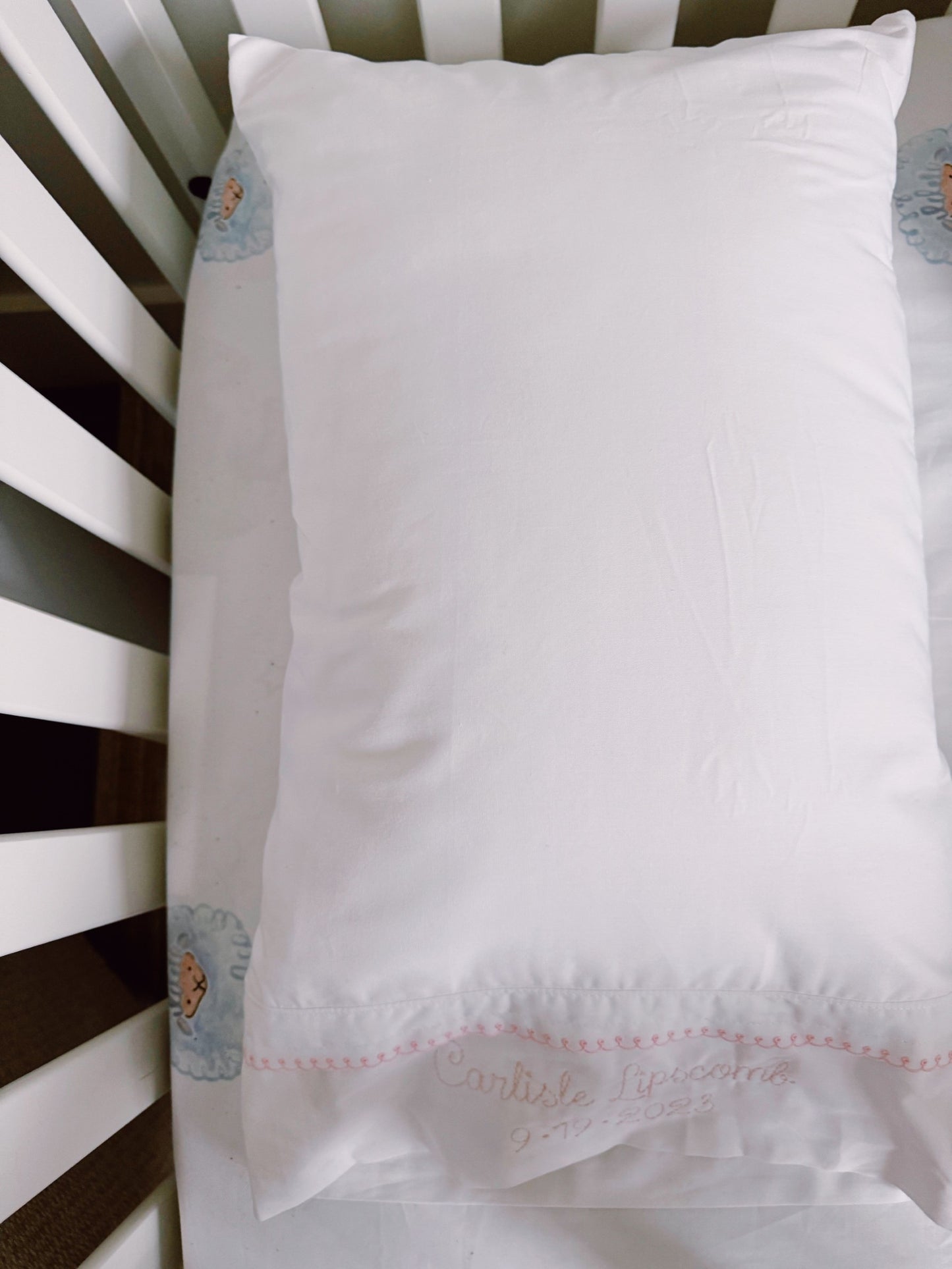 White Percale Crib Sheet & Personalized Pillow