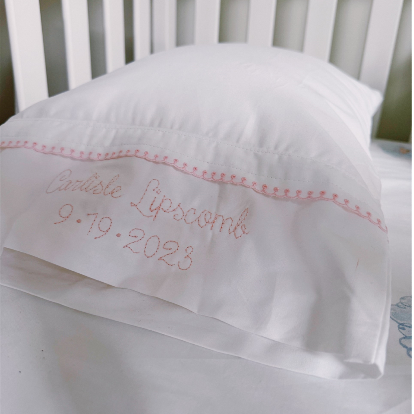 White Percale Crib Sheet & Personalized Pillow